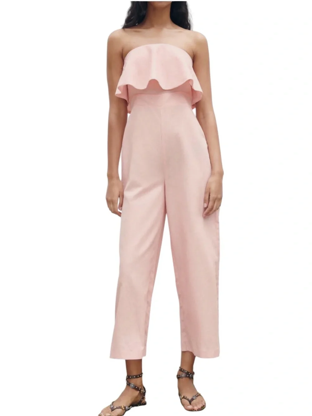Zara Pink Linen Strapless Cropped Wide Leg Jumpsuit - S